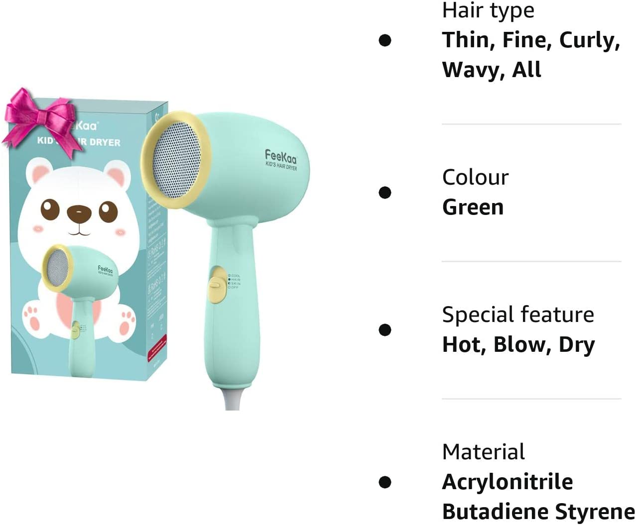 Kids Hair Dryer, Gentle Heat for Baby's Hair and Skin, Low Noise 550 watt, Lightweight Handy for Kids