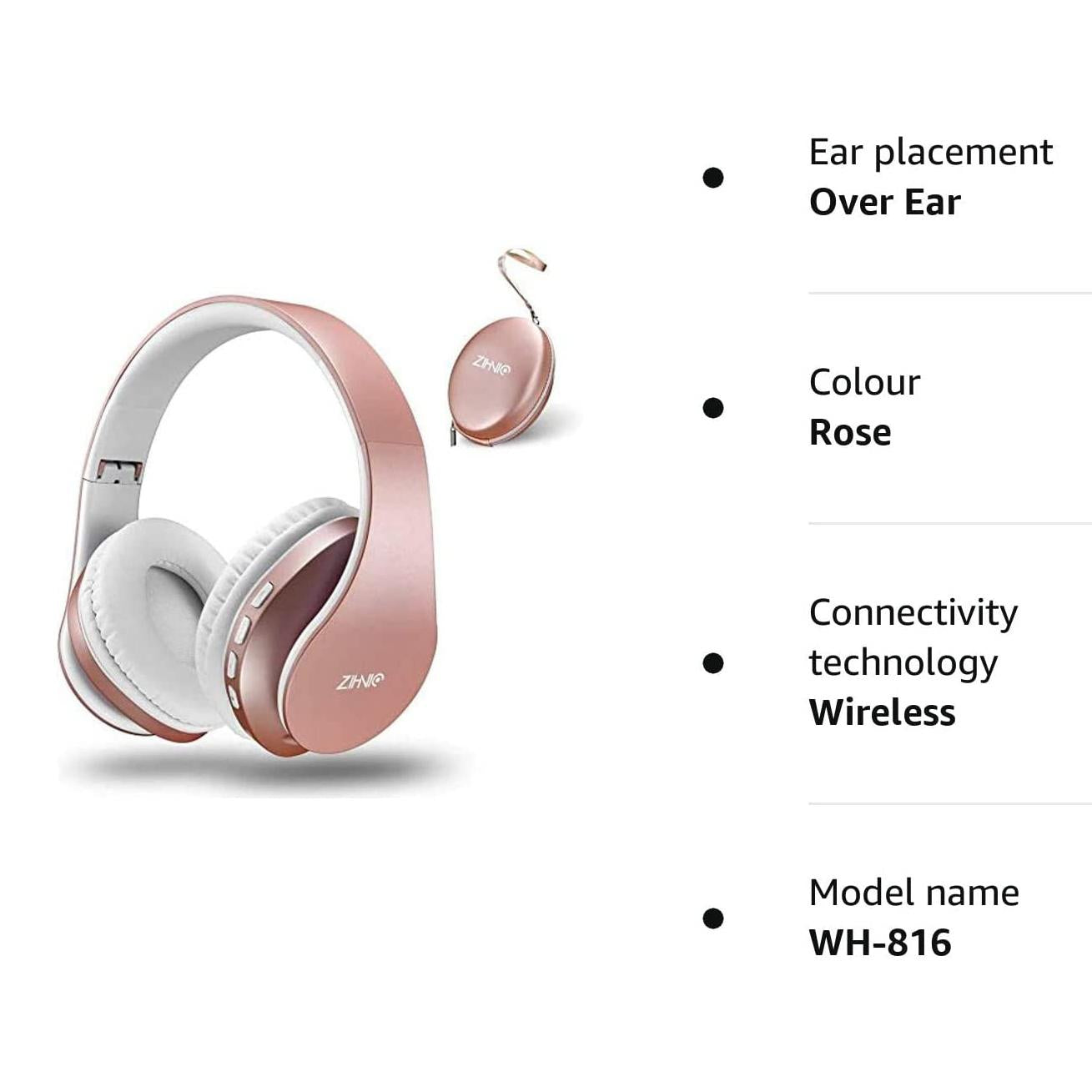 ZIHNIC Bluetooth Headphones Over-Ear, Foldable Wireless and Wired Stereo Headset with Travel case - Rose Gold