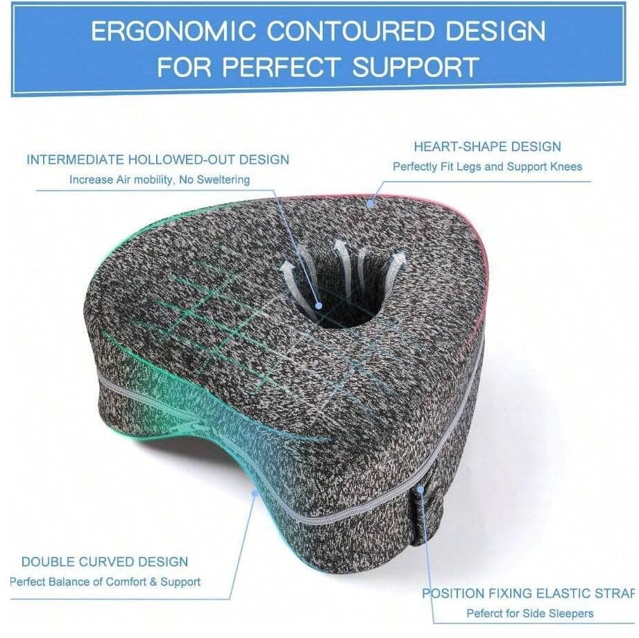 Knee Pillow for Side Sleepers, Memory Foam Leg Pillow with Strap for Enhanced Support and Comfort, Includes Removable Washable Cover