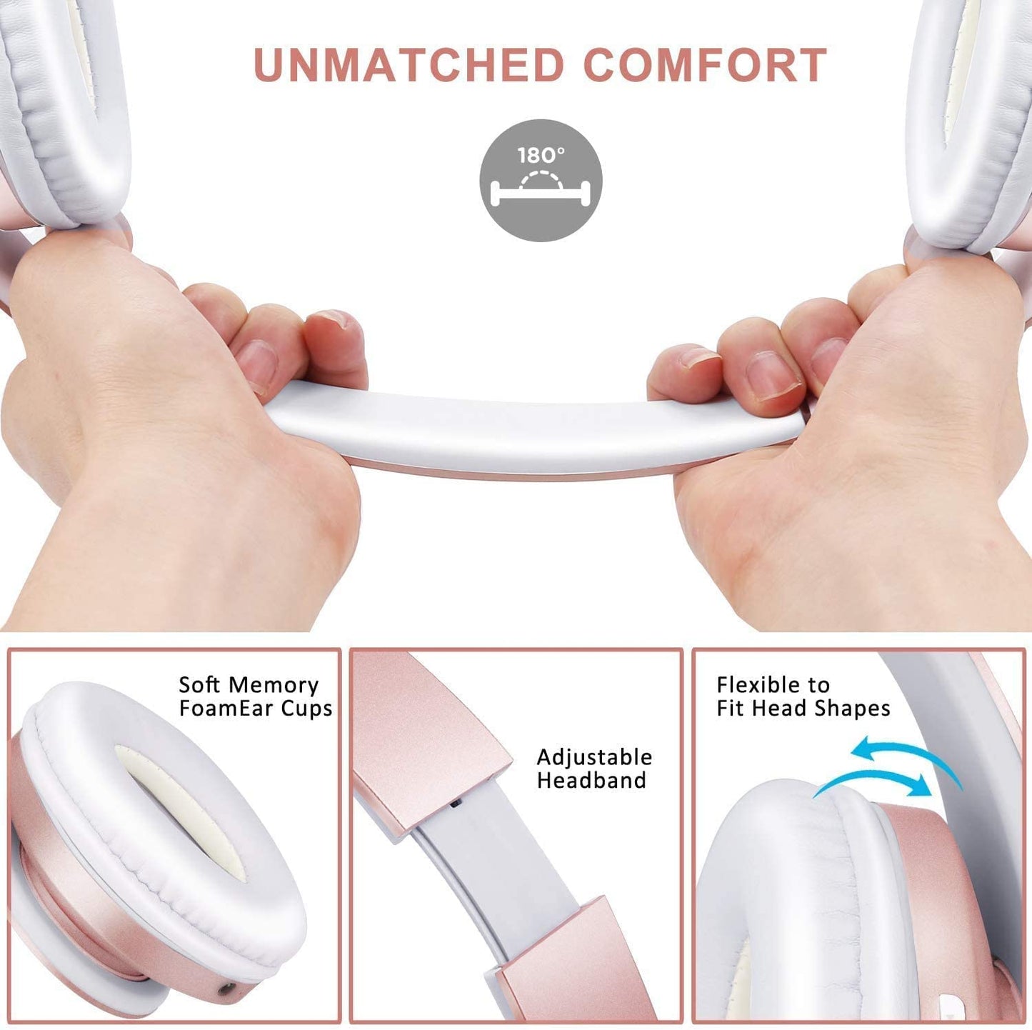 ZIHNIC Bluetooth Headphones Over-Ear, Foldable Wireless and Wired Stereo Headset with Travel case - Rose Gold