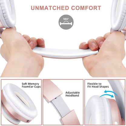 ZIHNIC Bluetooth Headphones Over-Ear, Foldable Wireless and Wired Stereo Headset with Travel case - Rose Gold