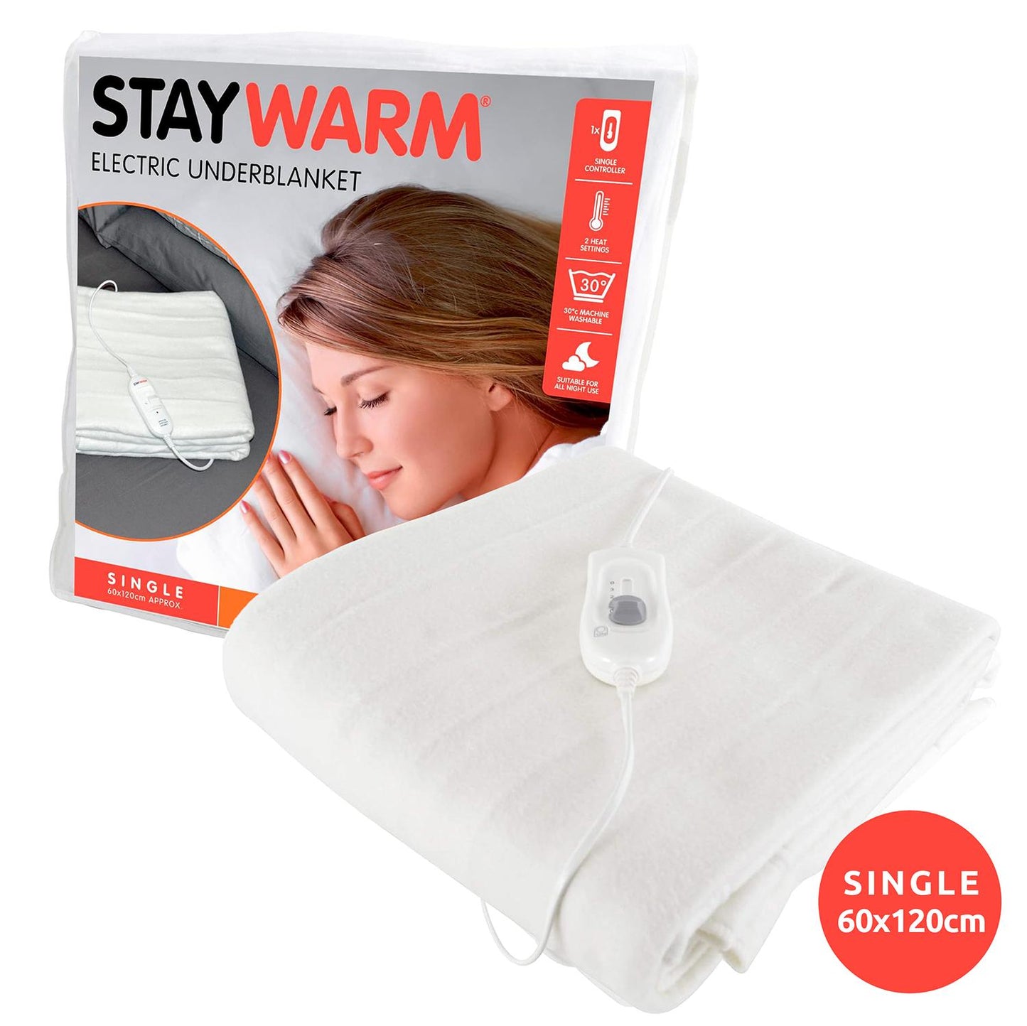STAYWARM Single Size Luxury Quality Electric Underblanket with Detachable Controller, 2 Heat Settings, Detachable Cord, Machine Washable - White