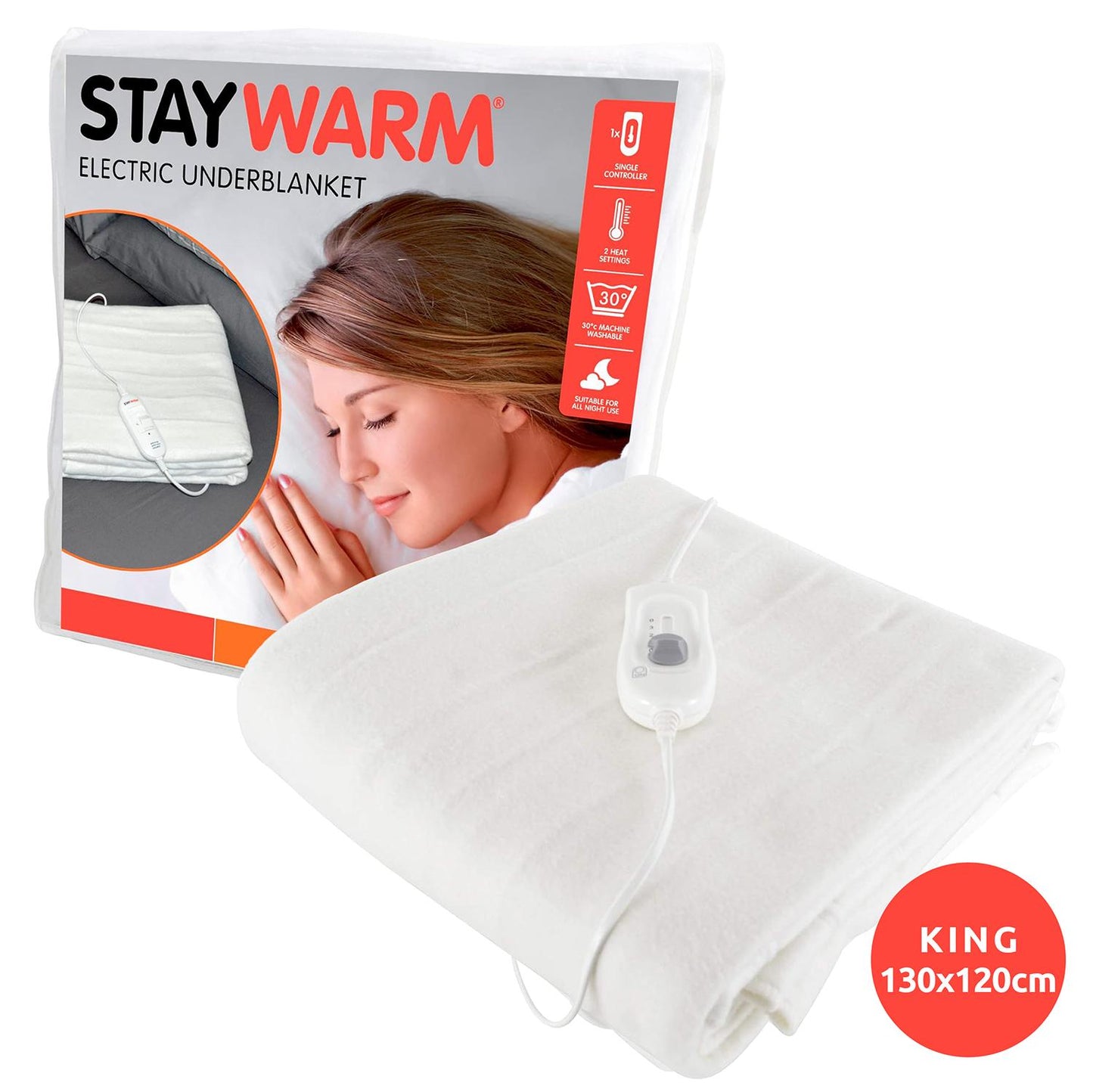 STAYWARM King Size Luxury Quality Electric Underblanket with Detachable Controller, 2 Heat Settings, Detachable Cord, Machine Washable - White