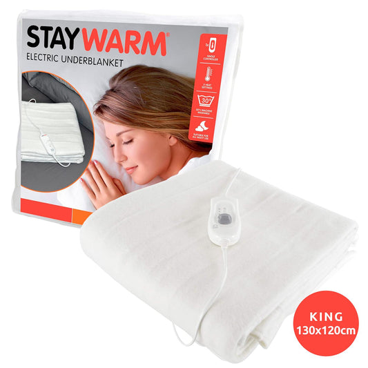STAYWARM King Size Luxury Quality Electric Underblanket with Detachable Controller, 2 Heat Settings, Detachable Cord, Machine Washable - White