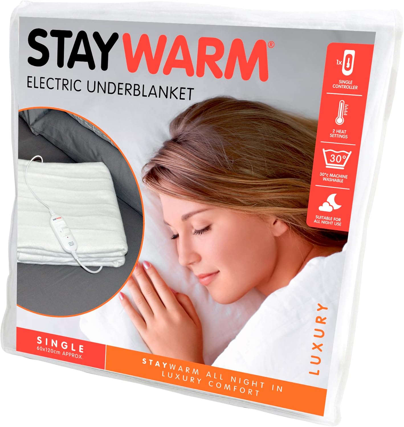STAYWARM Single Size Luxury Quality Electric Underblanket with Detachable Controller, 2 Heat Settings, Detachable Cord, Machine Washable - White