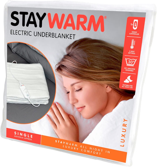 STAYWARM Single Size Luxury Quality Electric Underblanket with Detachable Controller, 2 Heat Settings, Detachable Cord, Machine Washable - White