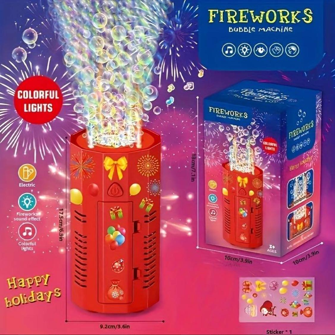 Fireworks Bubble Machine 3 Holes with DIY stickers, Fireworks Bubble Machine with Lights for Parties,Outdoors Bubble Machine with Sound, Party, Christmas, New Year (Battery not included)