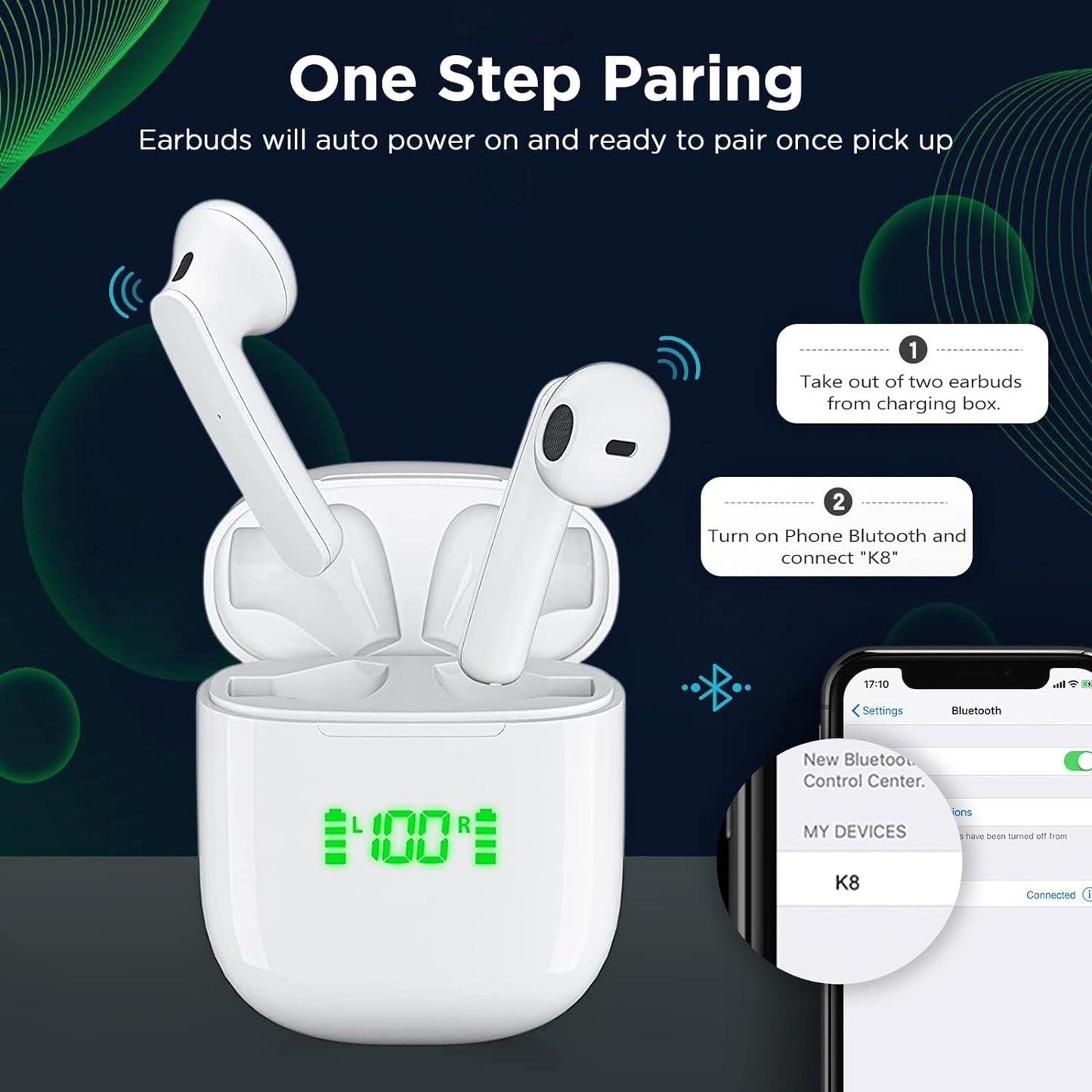 Premium Bluetooth Earbuds with LED Display, Wireless Charging, Smart Touch Control, 40H Playback, USB-C Charging, For Sports and Work