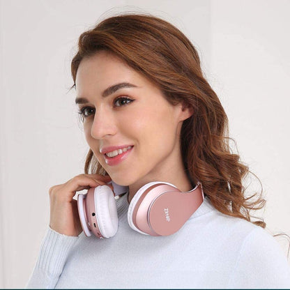 ZIHNIC Bluetooth Headphones Over-Ear, Foldable Wireless and Wired Stereo Headset with Travel case - Rose Gold
