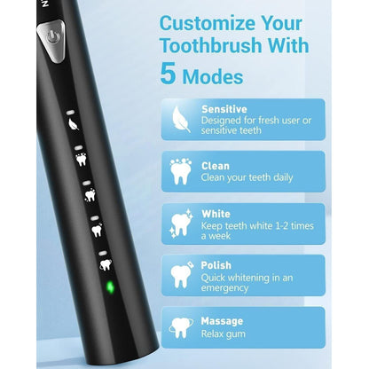 Sonic Electric Toothbrush with 5 Modes and 8 Brush heads, Rechargeable, Timer, IPX7 Waterproof