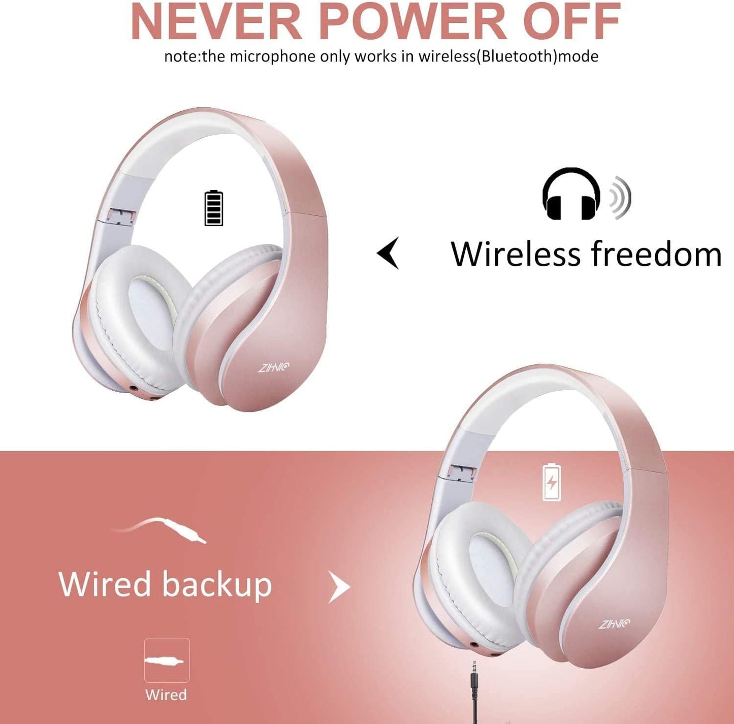 ZIHNIC Bluetooth Headphones Over-Ear, Foldable Wireless and Wired Stereo Headset with Travel case - Rose Gold