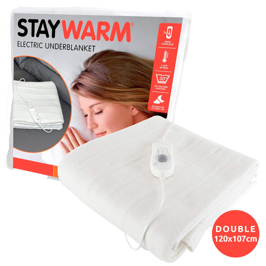 STAYWARM Double Size Luxury Quality Electric Underblanket with Detachable Controller, 2 Heat Settings, Detachable Cord, Machine Washable - White