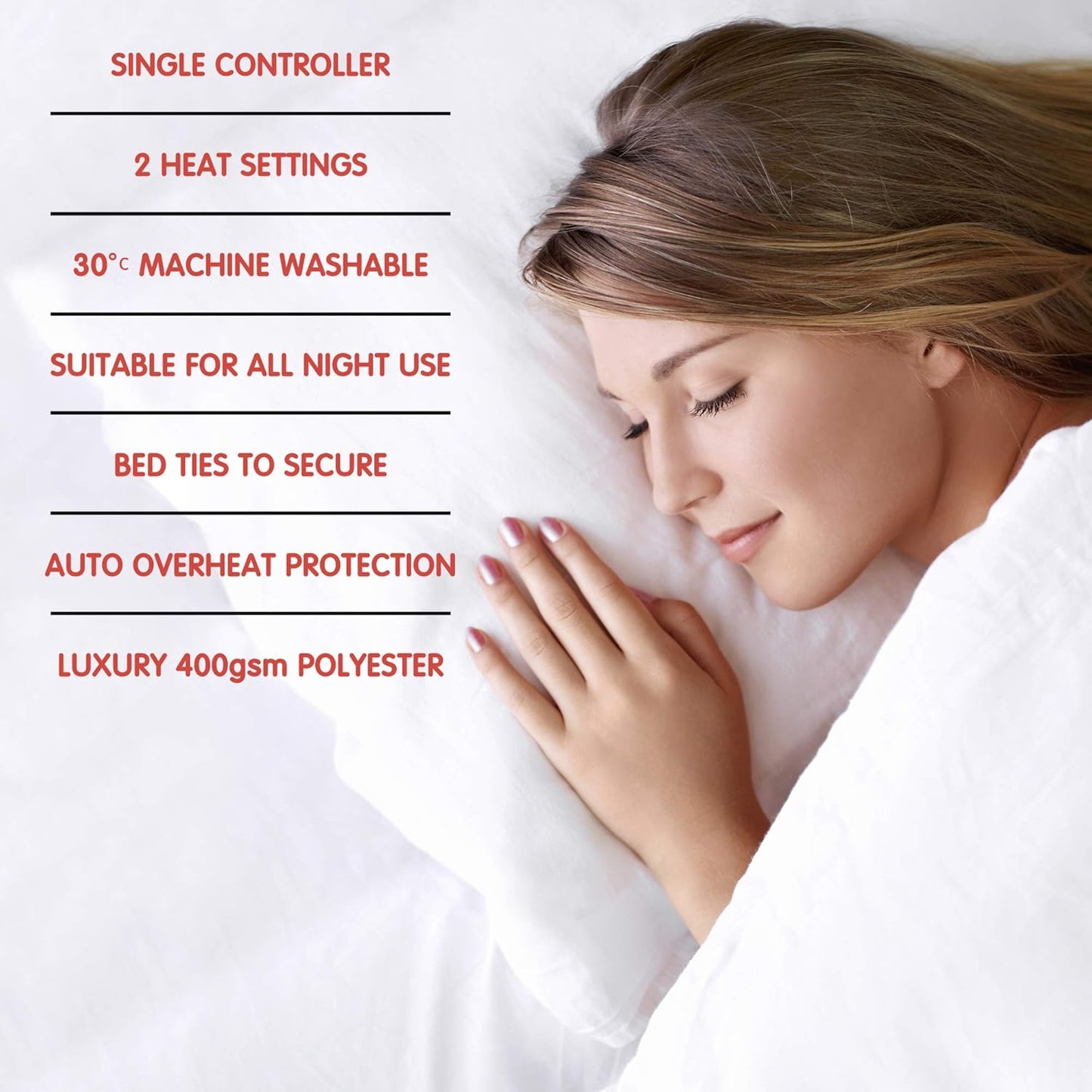 STAYWARM Double Size Luxury Quality Electric Underblanket with Detachable Controller, 2 Heat Settings, Detachable Cord, Machine Washable - White