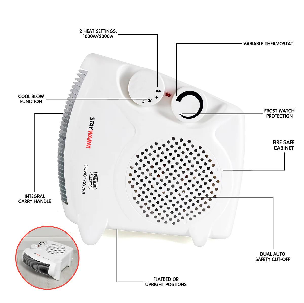 STAYWARM 2000w Fan Heater with 2 Heat Settings & Cool Blow - Upright & Flatbed