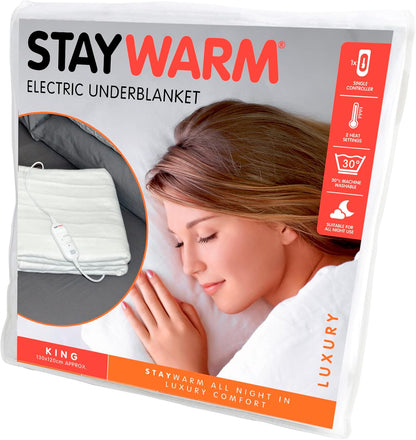 STAYWARM King Size Luxury Quality Electric Underblanket with Detachable Controller, 2 Heat Settings, Detachable Cord, Machine Washable - White