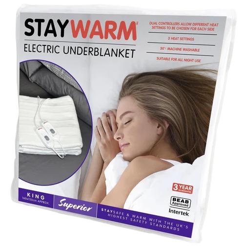 STAYWARM King Size Luxury Quality Electric Underblanket with Detachable Controller, 2 Heat Settings, Detachable Cord, Machine Washable - White