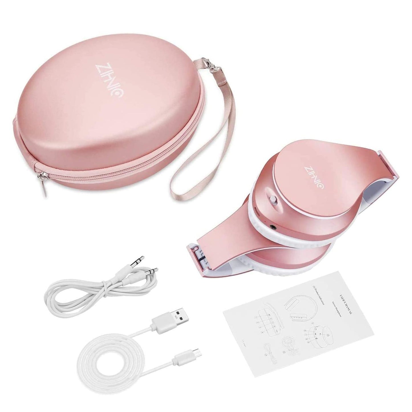 ZIHNIC Bluetooth Headphones Over-Ear, Foldable Wireless and Wired Stereo Headset with Travel case - Rose Gold