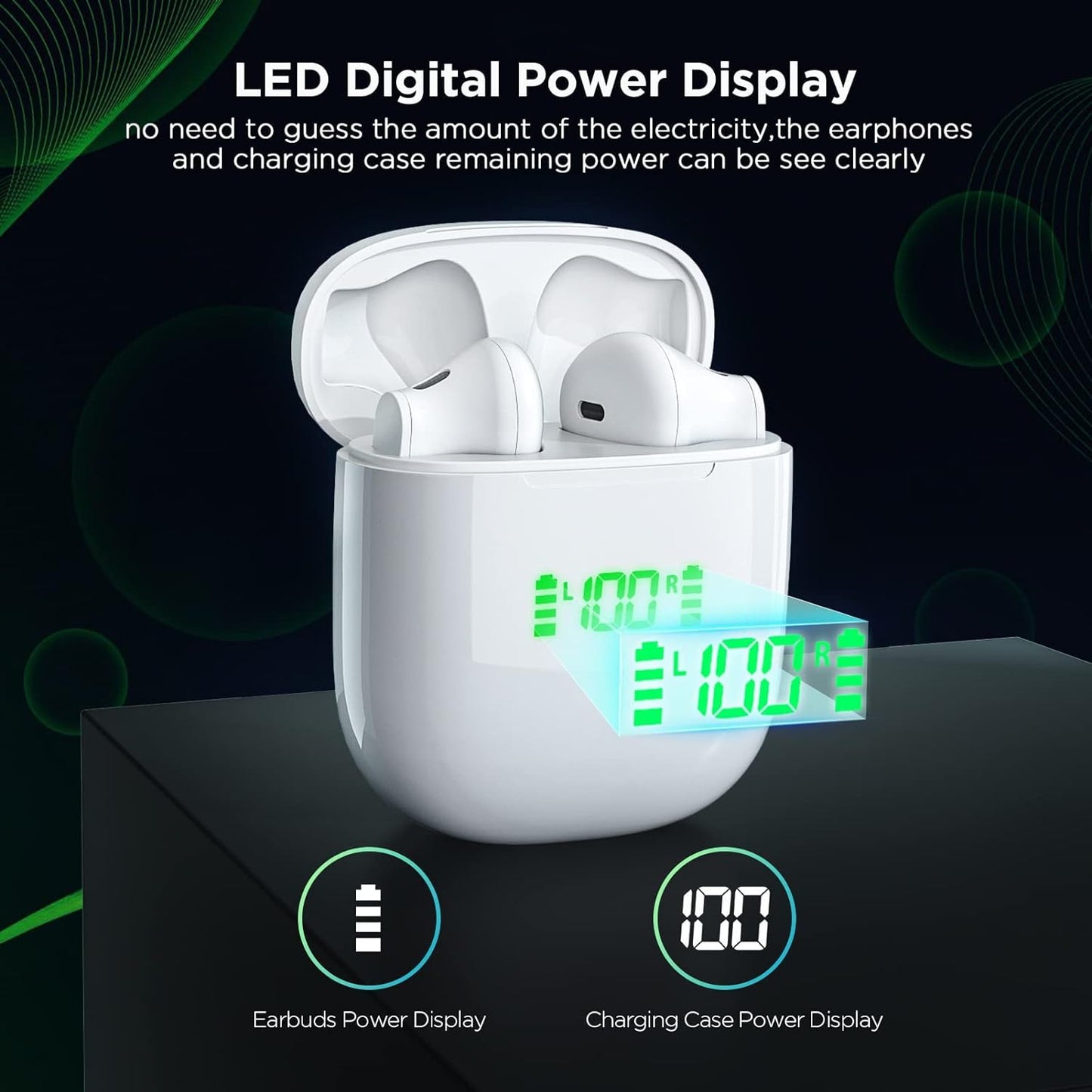 Premium Bluetooth Earbuds with LED Display, Wireless Charging, Smart Touch Control, 40H Playback, USB-C Charging, For Sports and Work