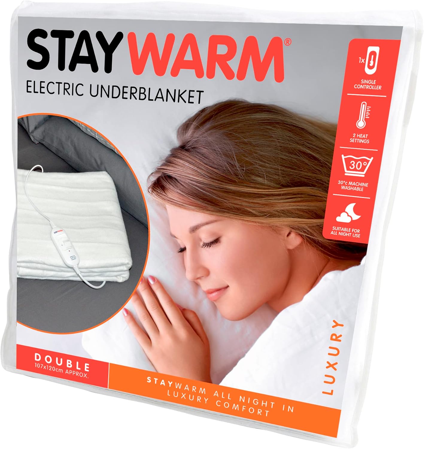 STAYWARM Double Size Luxury Quality Electric Underblanket with Detachable Controller, 2 Heat Settings, Detachable Cord, Machine Washable - White