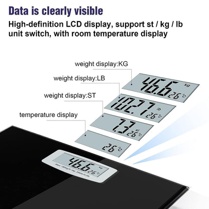 Digital Bathroom Scales Load Up to 180kg LCD Display Temperature Display Auto On and Off Black