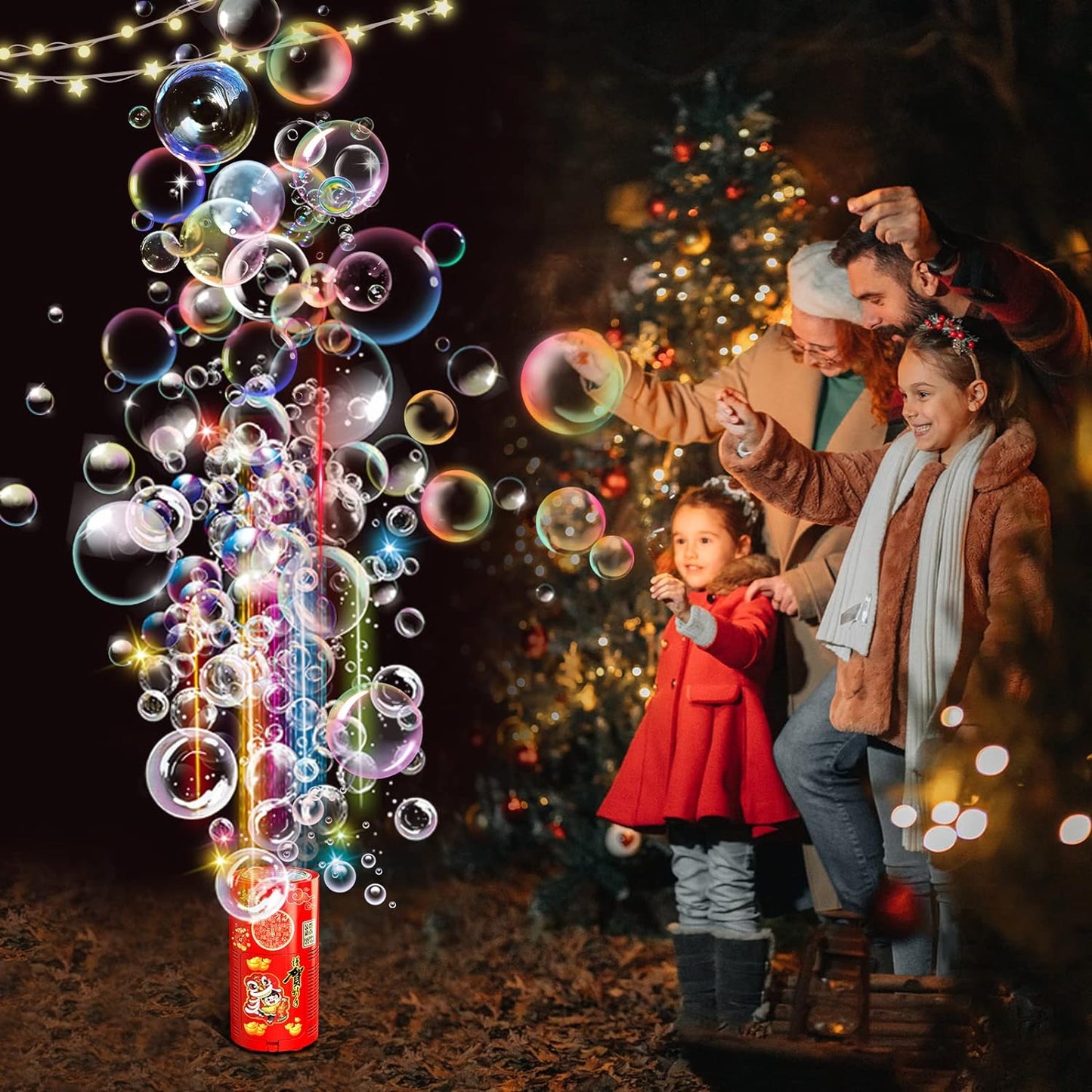 Fireworks Bubble Machine 3 Holes with DIY stickers, Fireworks Bubble Machine with Lights for Parties,Outdoors Bubble Machine with Sound, Party, Christmas, New Year (Battery not included)
