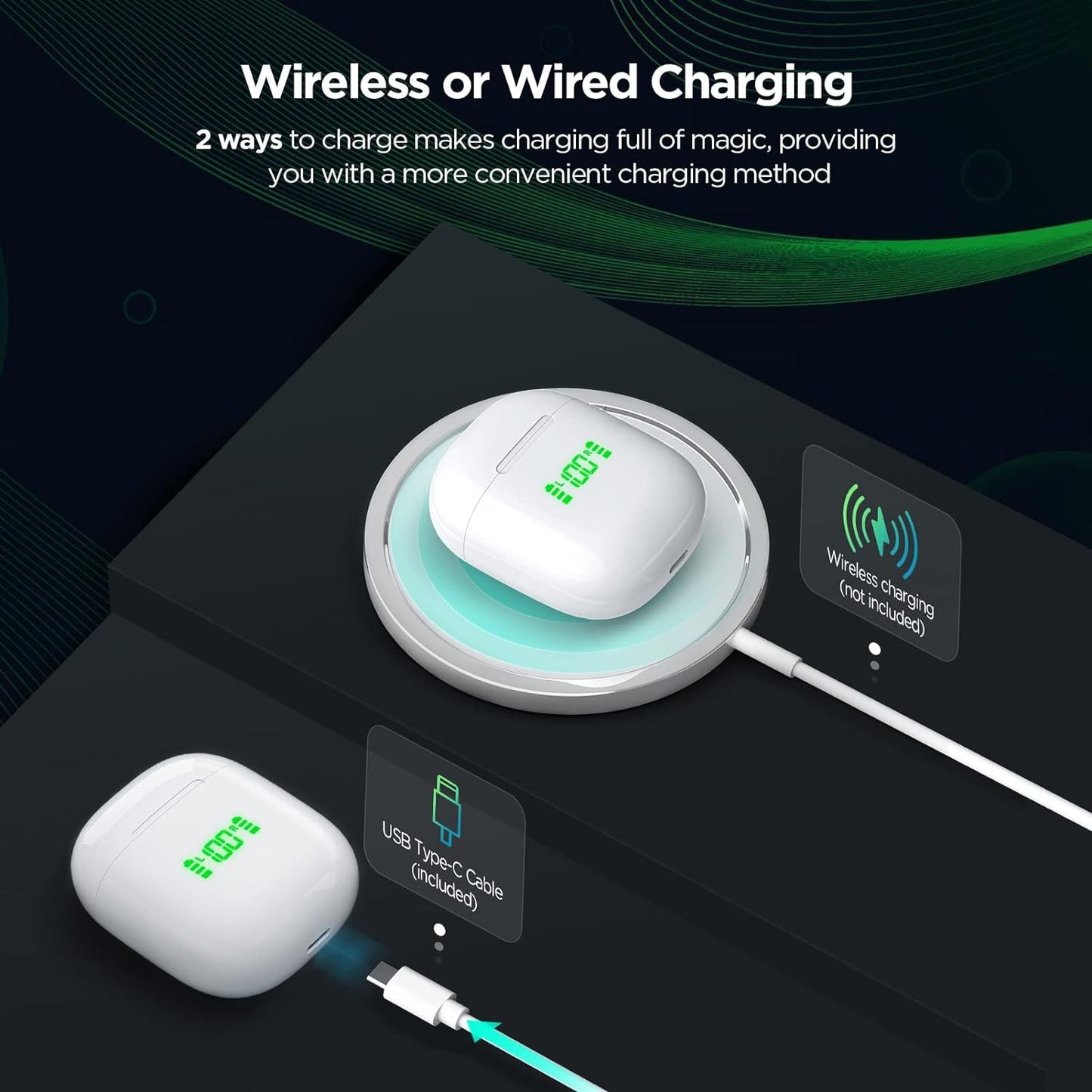 Premium Bluetooth Earbuds with LED Display, Wireless Charging, Smart Touch Control, 40H Playback, USB-C Charging, For Sports and Work