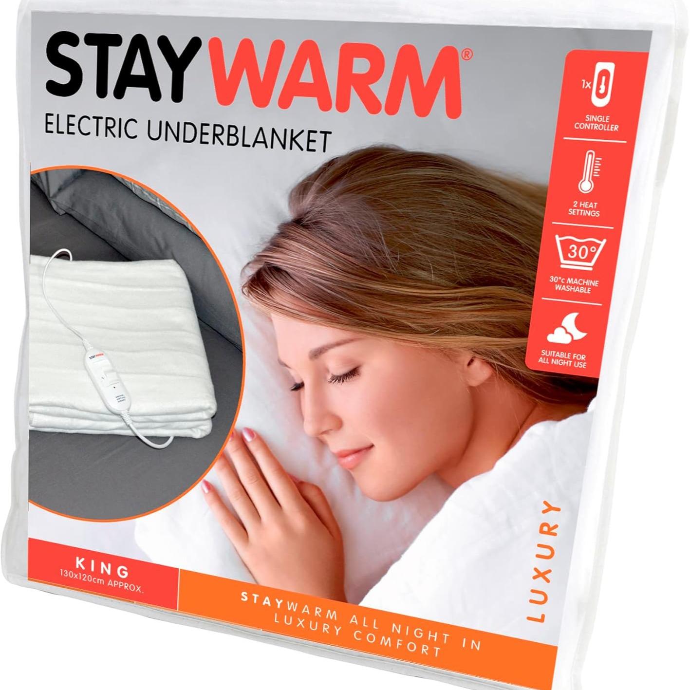 STAYWARM King Size Luxury Quality Electric Underblanket with Detachable Controller, 2 Heat Settings, Detachable Cord, Machine Washable - White