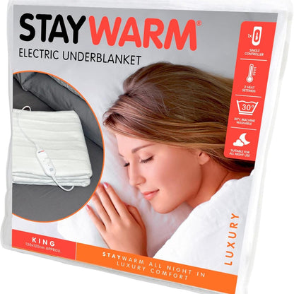 STAYWARM King Size Luxury Quality Electric Underblanket with Detachable Controller, 2 Heat Settings, Detachable Cord, Machine Washable - White