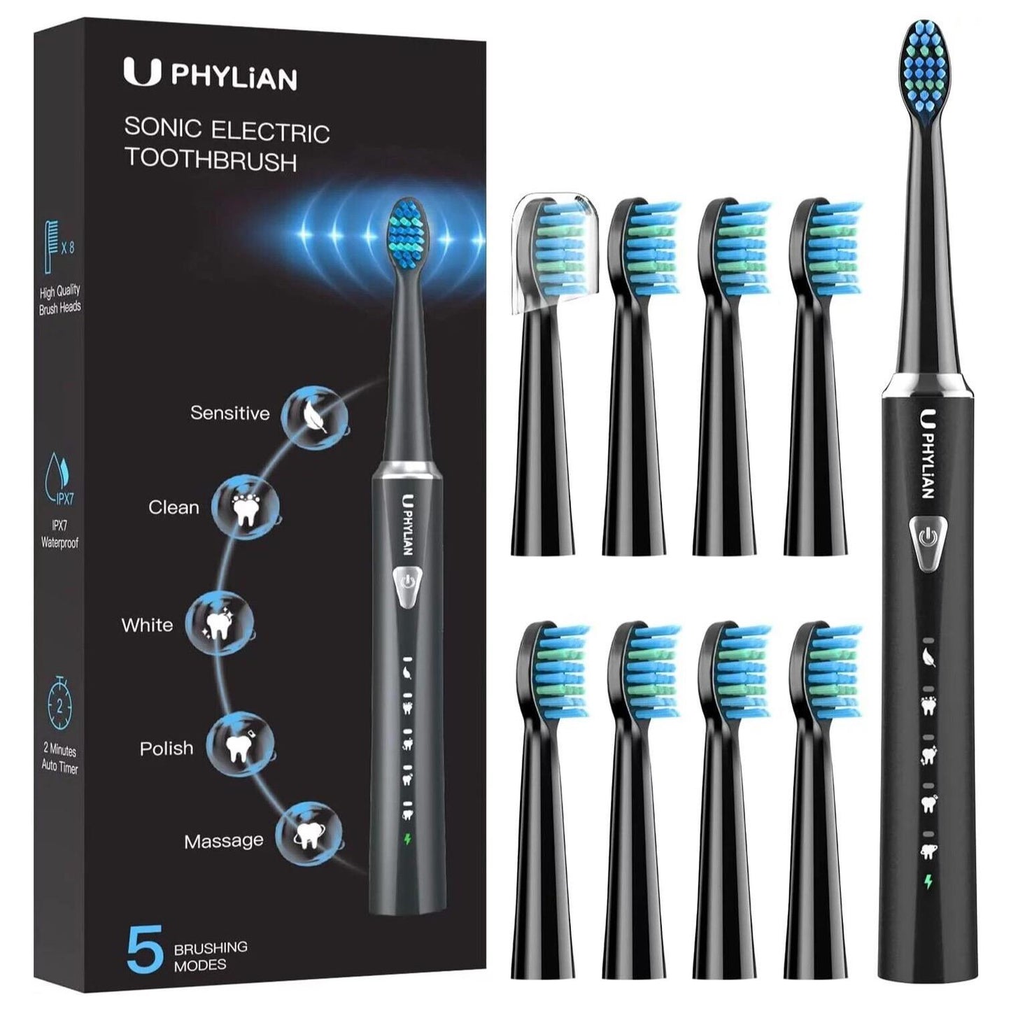 Sonic Electric Toothbrush with 5 Modes and 8 Brush heads, Rechargeable, Timer, IPX7 Waterproof