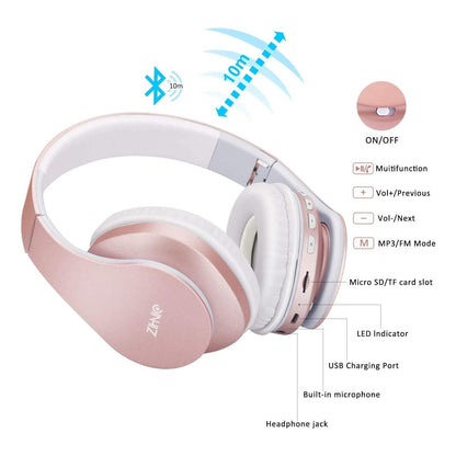 ZIHNIC Bluetooth Headphones Over-Ear, Foldable Wireless and Wired Stereo Headset with Travel case - Rose Gold