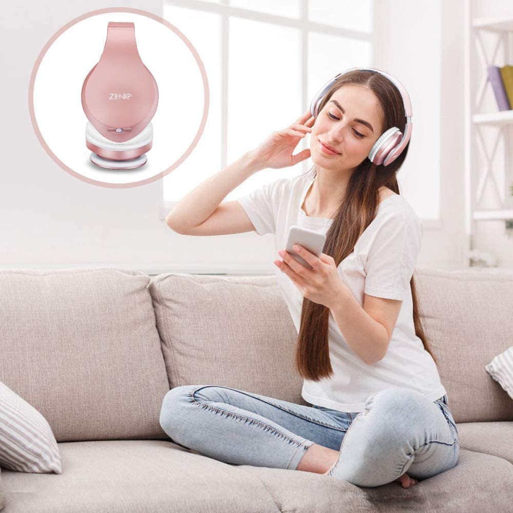 ZIHNIC Bluetooth Headphones Over-Ear, Foldable Wireless and Wired Stereo Headset with Travel case - Rose Gold
