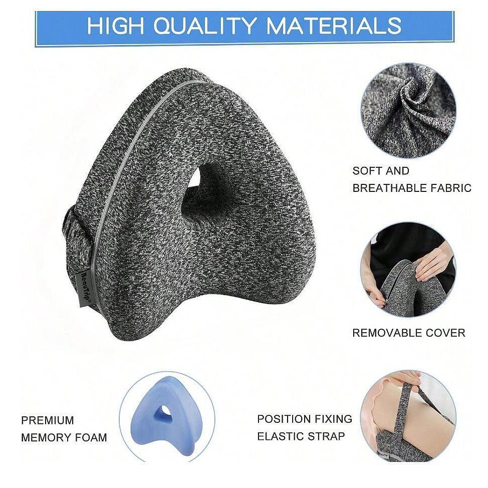 Knee Pillow for Side Sleepers, Memory Foam Leg Pillow with Strap for Enhanced Support and Comfort, Includes Removable Washable Cover