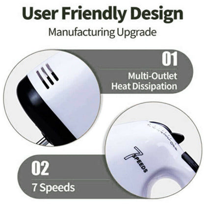 Infapower Electric Hand Mixer – 7 Speeds, 4 Attachments for Whisking & Baking